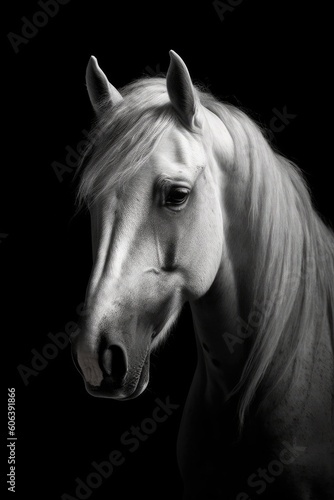 Awesome Portrait of a white horse of camrgue on a black background. Monochrome studio shot. generative AI