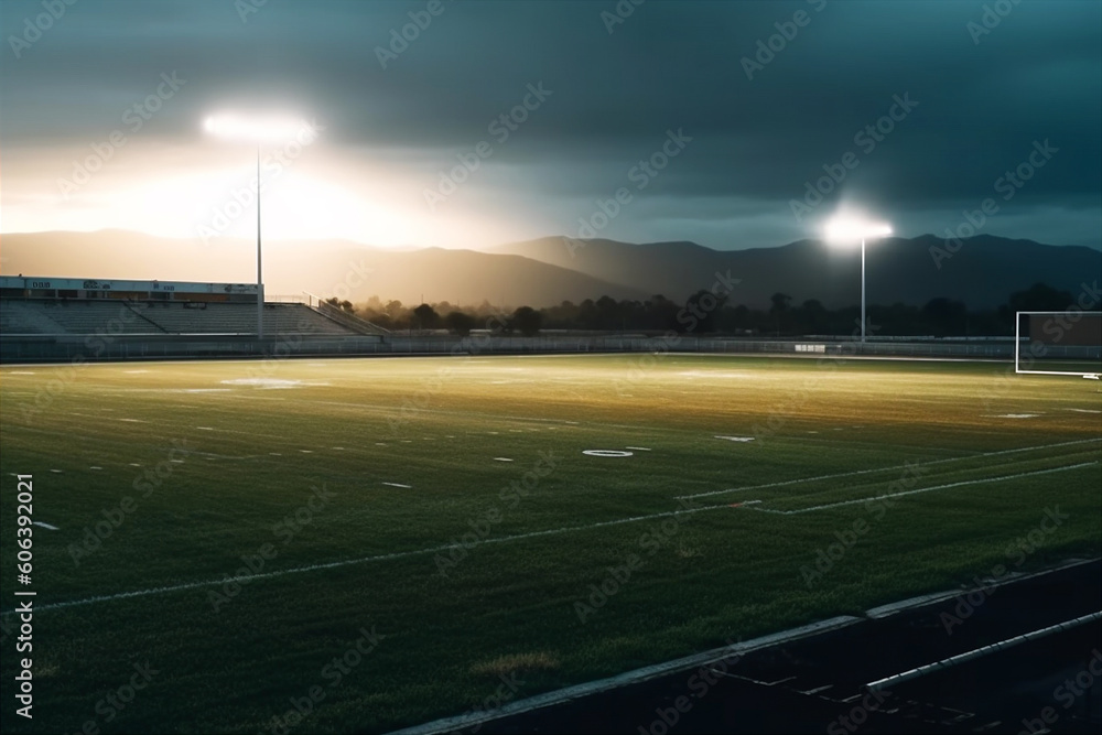 Dramatic cinematic view of stadium at dusk with spot light at night. AI generated. Dramatic cinematic view of stadium at dusk with spot light at night. AI generated.