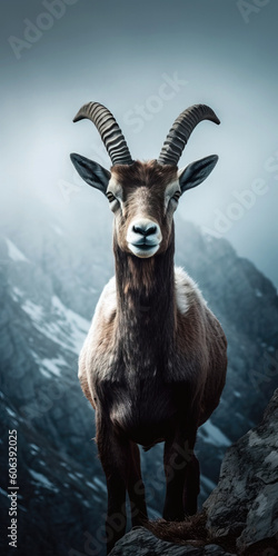 Barbary sheep standing in the snowy mountains