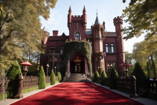 red carpet in front of gothic mansion, with cast-iron gate and silhouetted trees visible in the background, created with generative ai