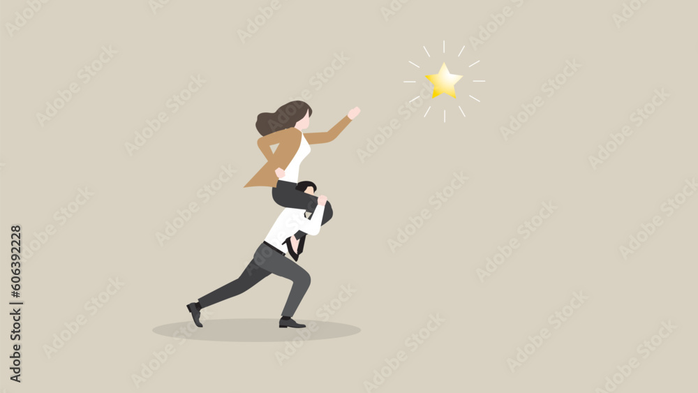 Obraz premium A businesswoman searches for success. Boss rides piggyback on an employee team staff and grabs a star. Business opportunity, ambition, intention, work hard, reach a target, goal, and idea concept.