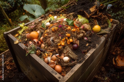 close-up of composting bin with odors, worms, and other signs of decomposition, created with generative ai
