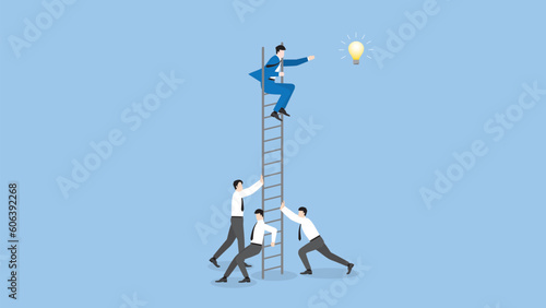 A businessman sits on a ladder and grabs light bulb with a supporting team. Business challenge, motivation, opportunity, investment, ambition, intention, reach target, goal, idea and success concept.