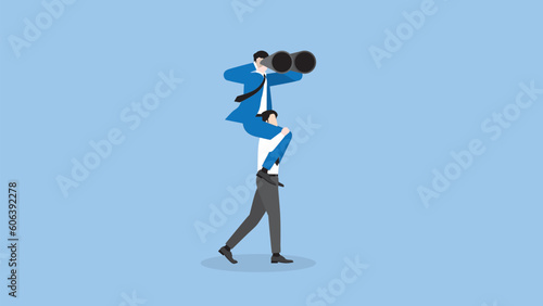 A businessman searches for success. A visionary boss uses binoculars and rides piggyback on an employee team staff. Business opportunity, challenge, ambition, intention, work hard and vision concept.