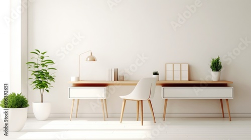 Interior of modern bright workplace with white walls, wooden desk with chair. minimal design. generative AI