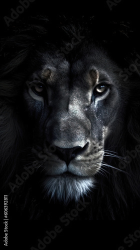 Black and white portrait of a lion on a black background