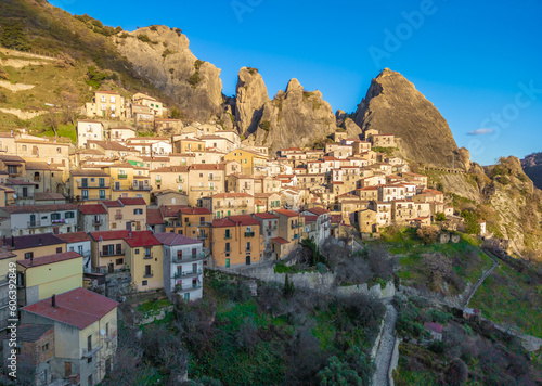 Castelmezzano (Italy) - A view of little old village, dug into the rock in the natural park of the Dolomiti Lucane, Basilicata region, famous also for the alpinistic ways.