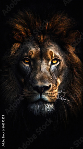 Portrait of a male lion on a black background. Studio shot