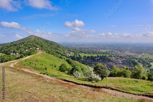 malvern hills view from the track on a sunny day with blue skies