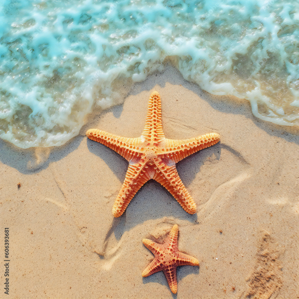 Starfish on the beach. Created with generative AI technology. Starfish on the beach. Created with generative AI technology.