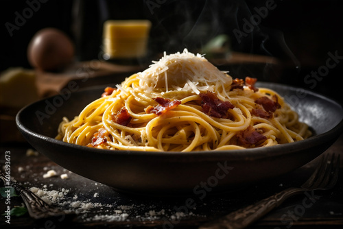 Close up view of steaming bowl of spaghetti carbonara with egg yolk, parmesan, bacon. AI generated.
