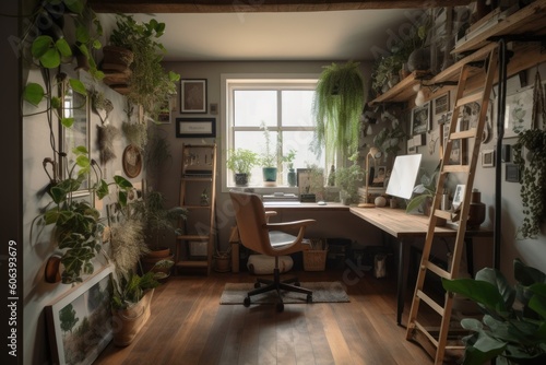 a cozy home office with recycled materials and greenery, created with generative ai