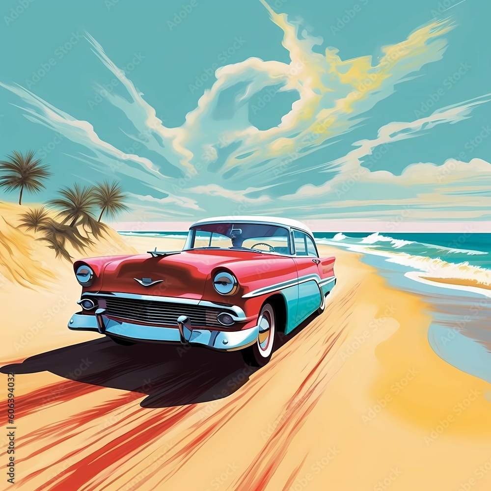 Vintage car on a summer sea beach, driving along the ocean. Road trip travel. Generative AI