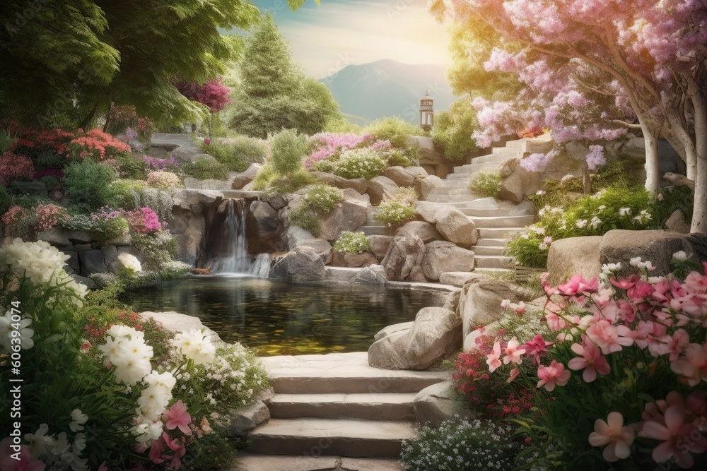 illustration, beautiful garden with flowers, petals and water, ai generative