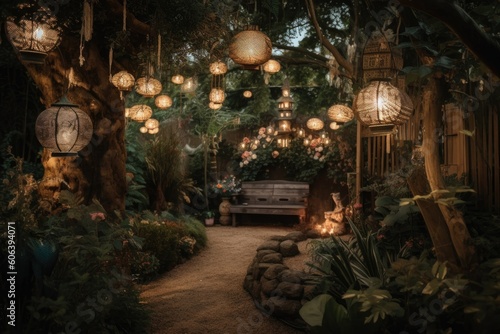 magical garden with fairy lights, intricate lanterns and mythical creatures, created with generative ai