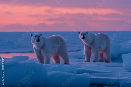 illustration, polar bear on drifting ice with snow, ai generative