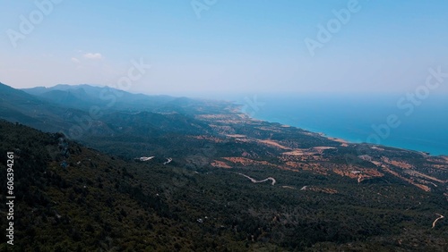 Aerial view of Esentepe, Kaplica, Bahceli villages in Kyrenia in North Cyprus on sunny day with clear sky.