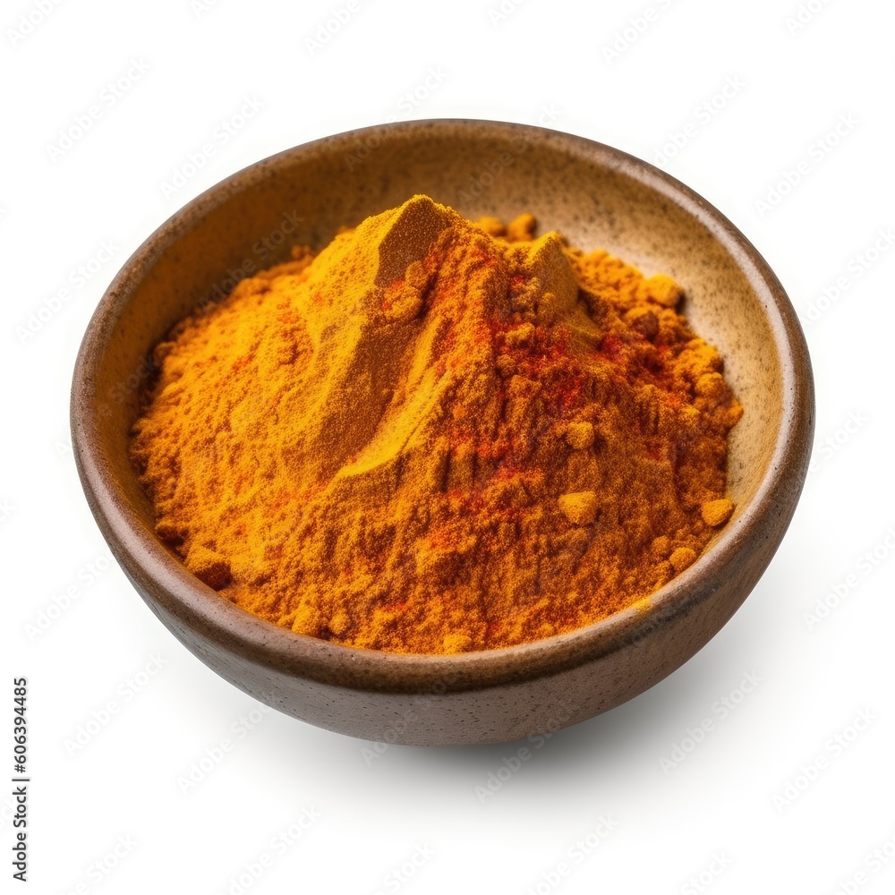 Curry powder in a bowl isolated on a white background, top view. Generative AI Curry powder in a bowl isolated on a white background, top view. Generative AI