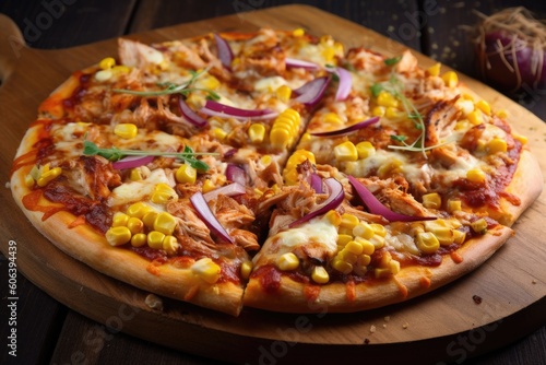 pizza with bbq chicken, corn and red onions, created with generative ai