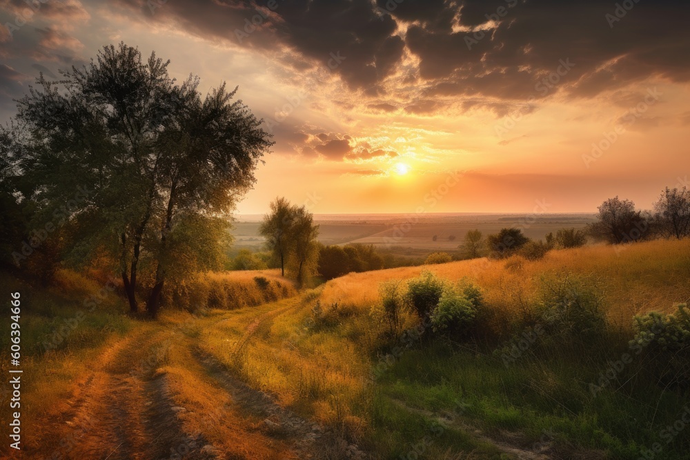 rural landscape with sunrise, featuring golden light and dramatic sky, created with generative ai rural landscape with sunrise, featuring golden light and dramatic sky, created with generative ai