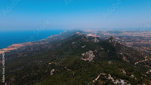 Aerial view of Esentepe  Kaplica  Bahceli villages in Kyrenia in North Cyprus on sunny day with clear sky.