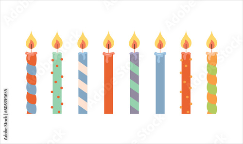 Set of candles. Wax cartoon flat vector happy birthday, anniversary burning with a flame candles set. Party holiday fun decoration for cake.