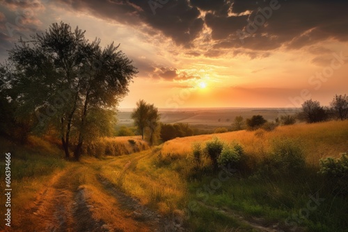 rural landscape with sunrise, featuring golden light and dramatic sky, created with generative ai