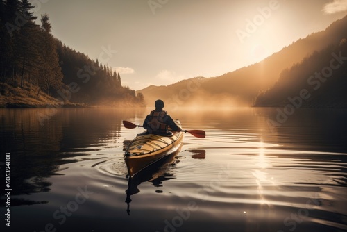 kayaker exploring the serene and peaceful waters of a lake  created with generative ai