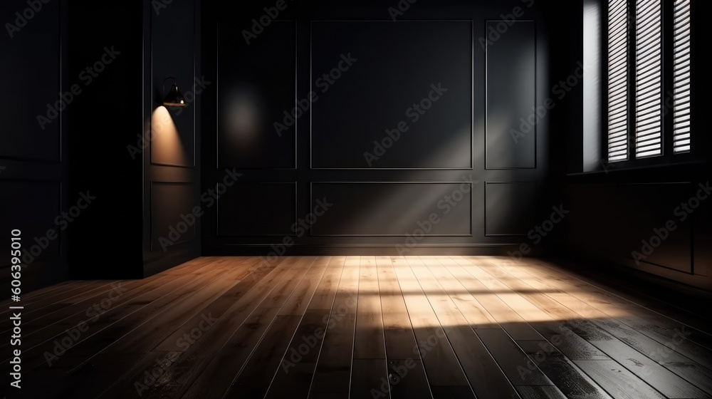 A shadow from a window in an empty room with black walls. Design and interior of the room. Generative AI A shadow from a window in an empty room with black walls. Design and interior of the room. Generative AI