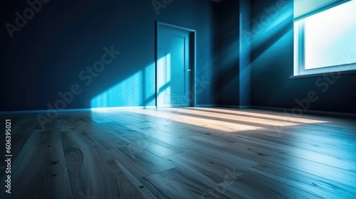 A shadow from a window in an empty room with blue walls. Design and interior of the room. Generative AI