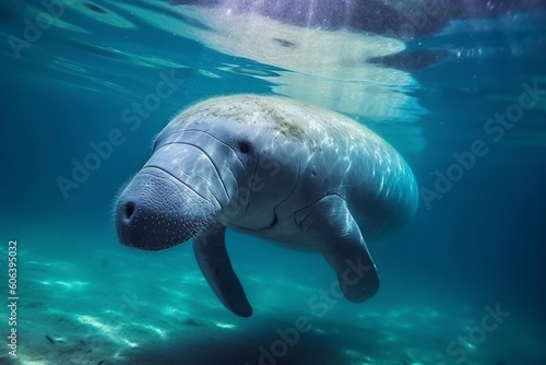 illustration, dugong breathing during the morning, generative ai.