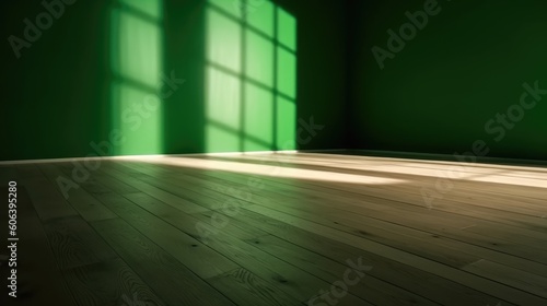 A shadow from a window in an empty room with green walls. Design and interior of the room. Generative AI