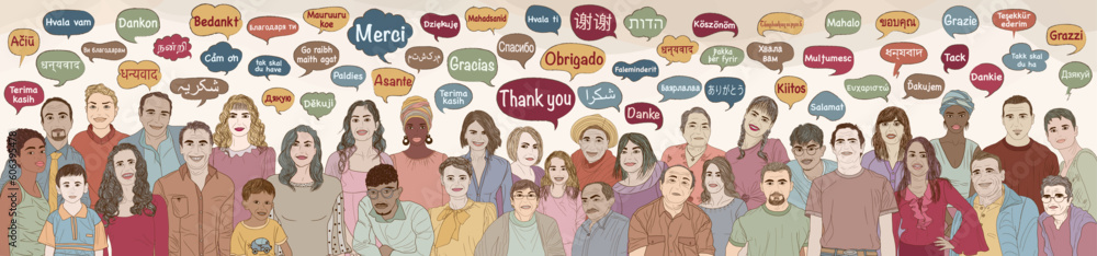 Φωτογραφία Banner with many people of different ages and cultures with speech bubble with text -Thank you- in various languages and dialects of different countries and continents