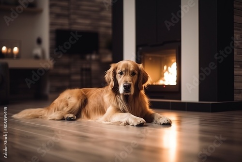 illustration, a cute dog on the floor near an electric fireplace ,generative ai