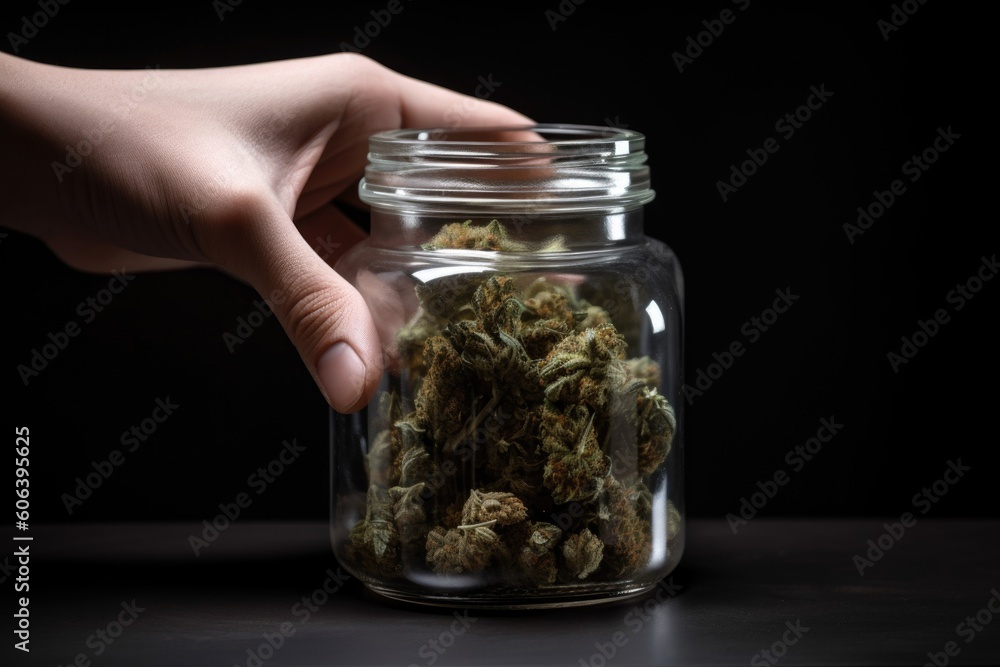 Φωτογραφία close-up of a jar of medical marijuana, with hand reaching in to grab some, crea