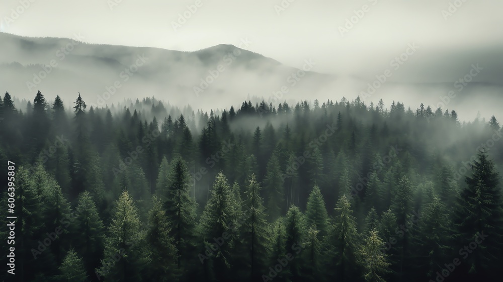 Pine forest with foggy illustration for background template. Ai generative