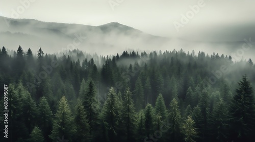 Pine forest with foggy illustration for background template. Ai generative © Roni