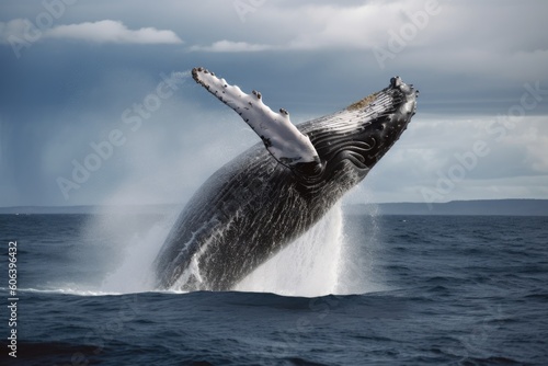 a humpback whale breaching in the ocean, created with generative ai © Natalia