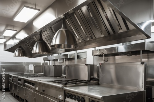 ventilation and exhaust system in commercial kitchen, with hoods above cooking stations and vents in ceiling, created with generative ai