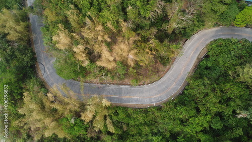 Road through the forest. Aerial view of an asphalt road with turns. © Houston