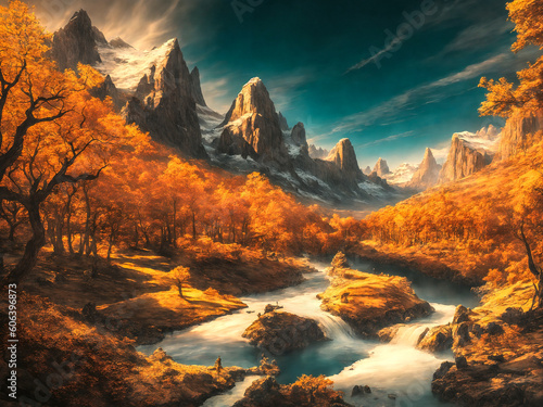 Autumn in the mountains. Peaceful landscape scene with forests and rivers. Generative AI.