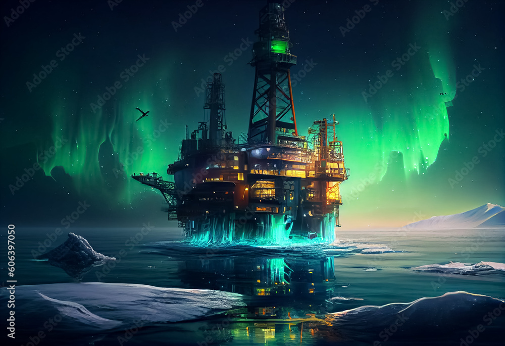 illustration of argosy oil production vessel in wonderful northern lights. ai