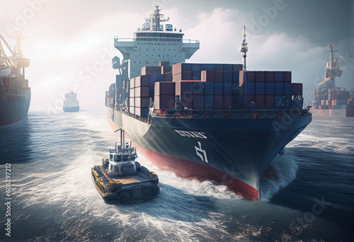 illustration of loaded container cargo vessel traveling over calm ocean. ai