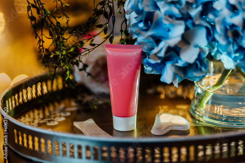Mocap for face cream in the interior. a jar for face cream . cream dispenser