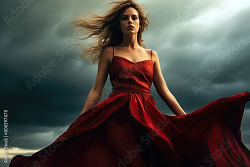 A mysterious woman in a flowing red dress, standing against a dramatic, stormy sky. Generative ai.