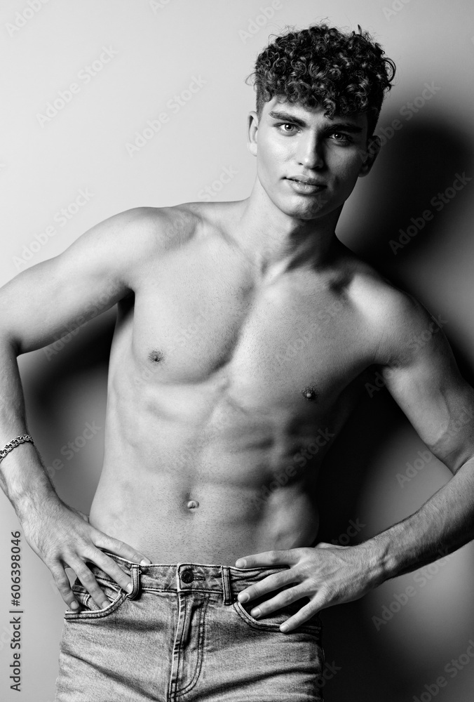 Fototapeta premium man body male person naked muscular bicep studio beauty strong black and white shirtless muscle