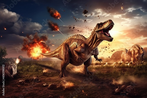 Dinosaurs extinct with meteorite falling .Ai art