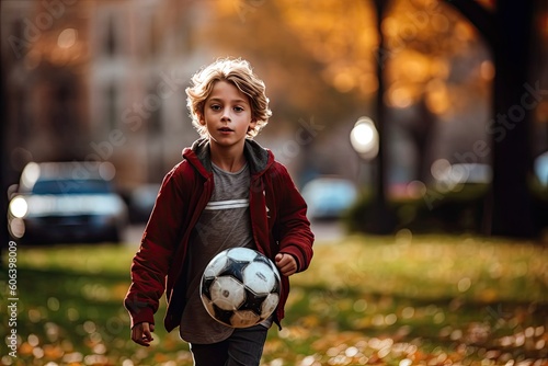 Boy playing soccer in a neighborhood park. Generative ai.