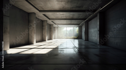 A corridor in a modern building with a concrete floor and wall  generative ai illustration