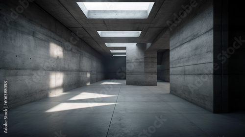 A corridor in a modern building with a concrete floor and wall, generative ai illustration
